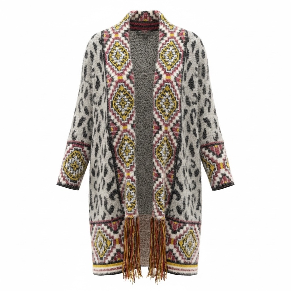 MAXSPORT Leopard Print Multicolor Fringe Cardigan Sweater Size M - Gorgeous!